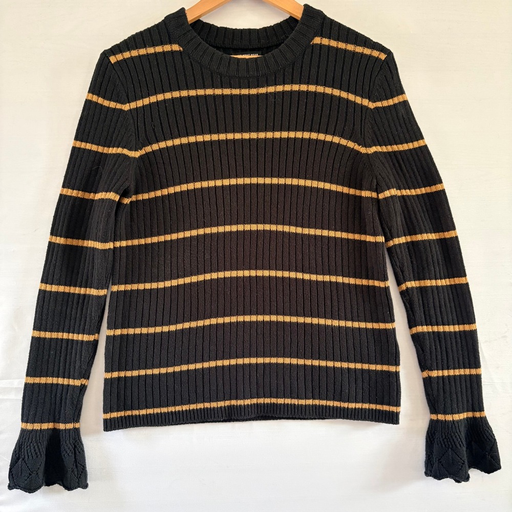 Who What Wear Black Striped Ribbed Knit Sweater Bell Cuffs Large